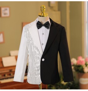 Boys toddlers black white sparkle jazz dance coats host singers pianist model show catwalk blazers birthday wedding party flower boys formal suit